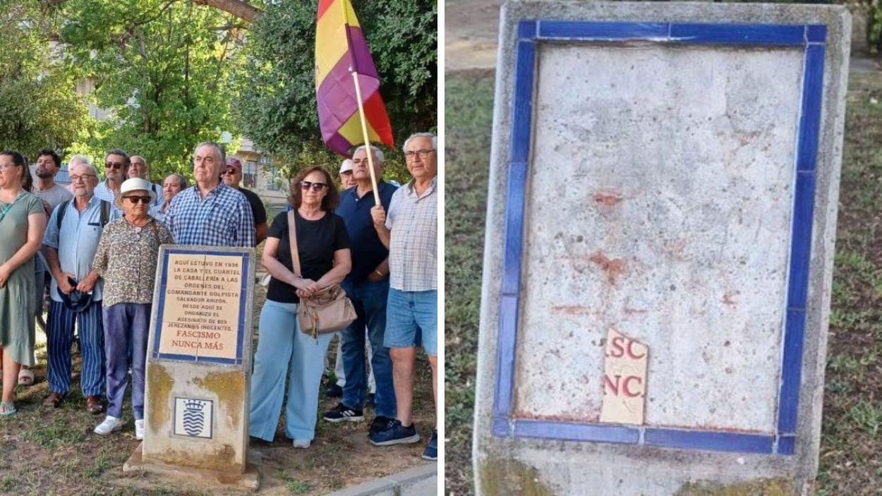 La placa conmemorativa en la presentación (i.) y su destrucción apenas 12 horas después (d.)