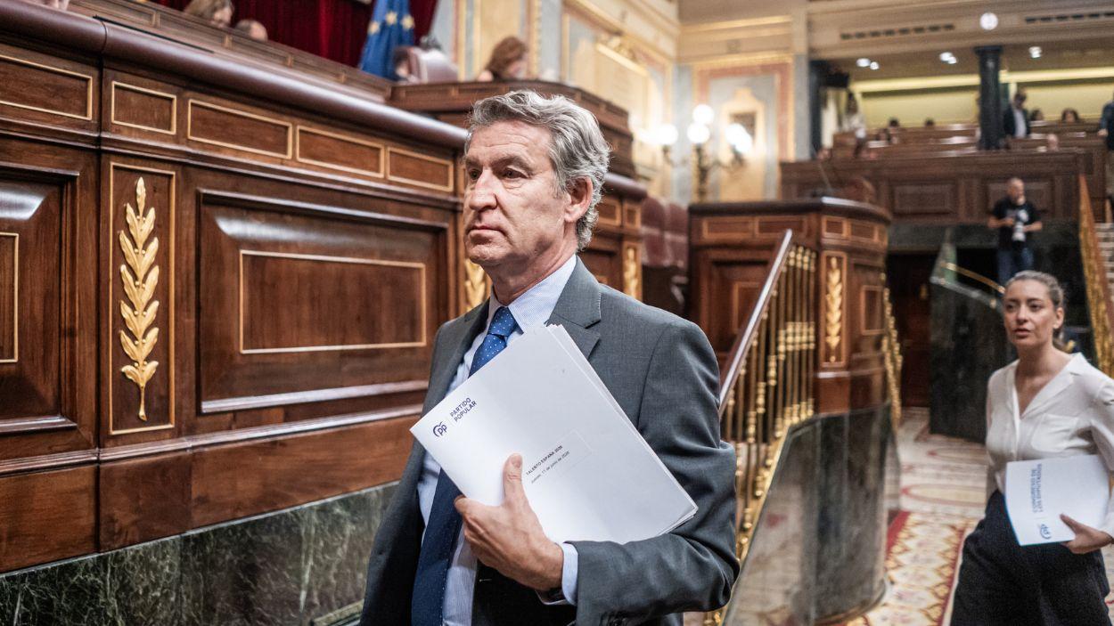 El presidente del PP, Alberto Núñez Feijóo, en un Pleno del Congreso de los Diputados a junio de 2026. EP.