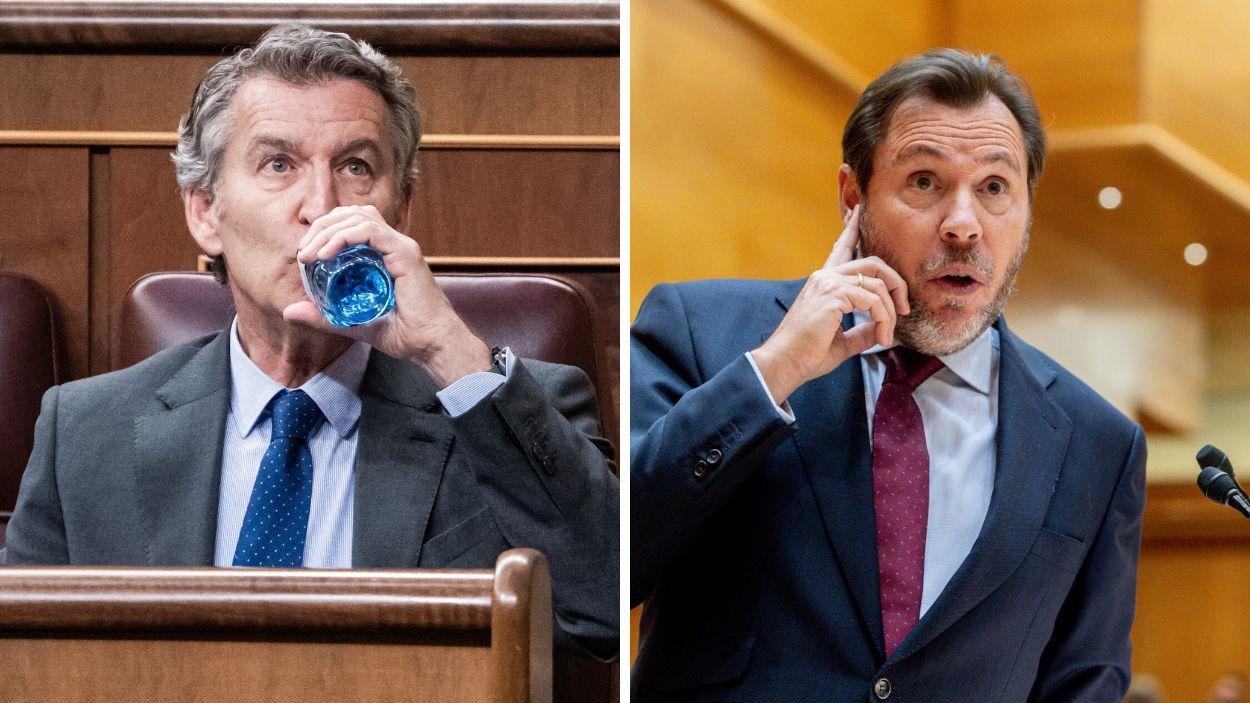El presidente del PP, Alberto Núñez Feijóo y el ministro de Transportes y Movilidad Sostenible, Óscar Puente. EP. 
