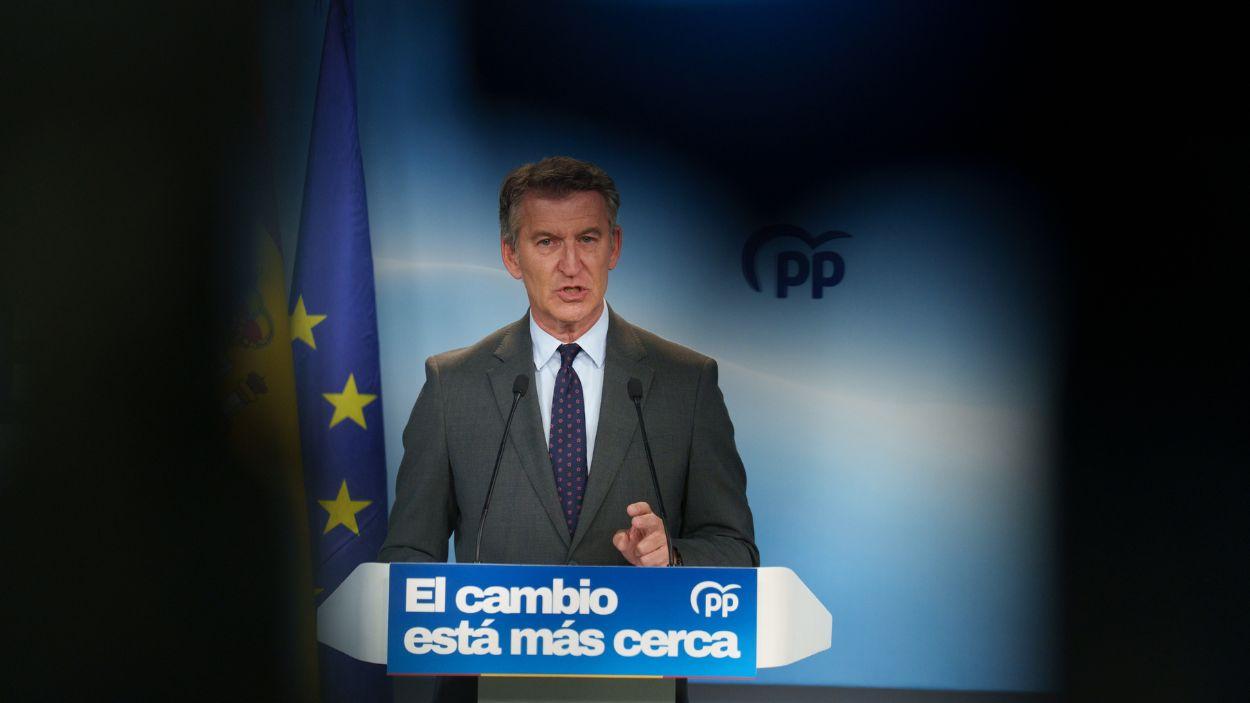 El presidente del Partido Popular, Alberto Núñez Feijóo, durante una rueda de prensa, en la sede del PP, a 22 de junio de 2026, en Madrid. EP.