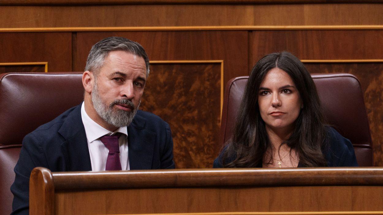El presidente de Vox, Santiago Abascal y la portavoz de Vox en el Congreso, Pepa Millán, durante una sesión plenaria en el Congreso de los Diputados, a 16 de junio de 2026. EP.