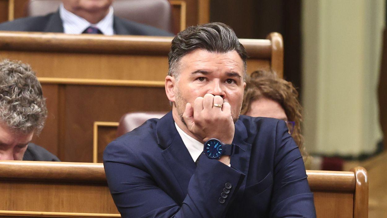 El portavoz de ERC en el Congreso, Gabriel Rufián, durante la comparecencia de Pedro Sánchez ante la Cámara Baja. EP
