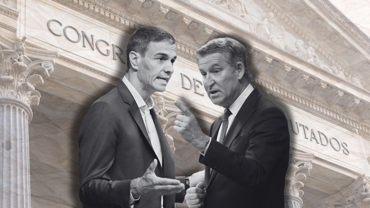 Fotomontaje del presidente del Gobierno, Pedro Sánchez, y el líder del PP, Alberto Núñez Feijóo, con el Congreso de los Diputados de fondo. Elaboración propia.