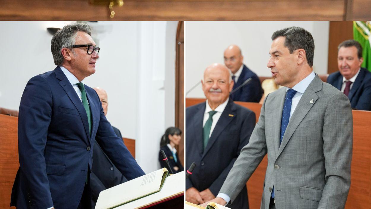 El portavoz del grupo parlamentario Vox en Andalucía, Manuel Gavira, y el presidente en funciones de la Junta de Andalucía, Moreno Bonilla / EP