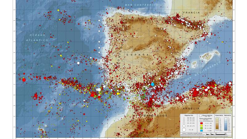 Terremotos registrados en la Península Ibérica. La distribución de los epicentros refleja que el sureste español concentra buena parte de la actividad sísmica histórica.