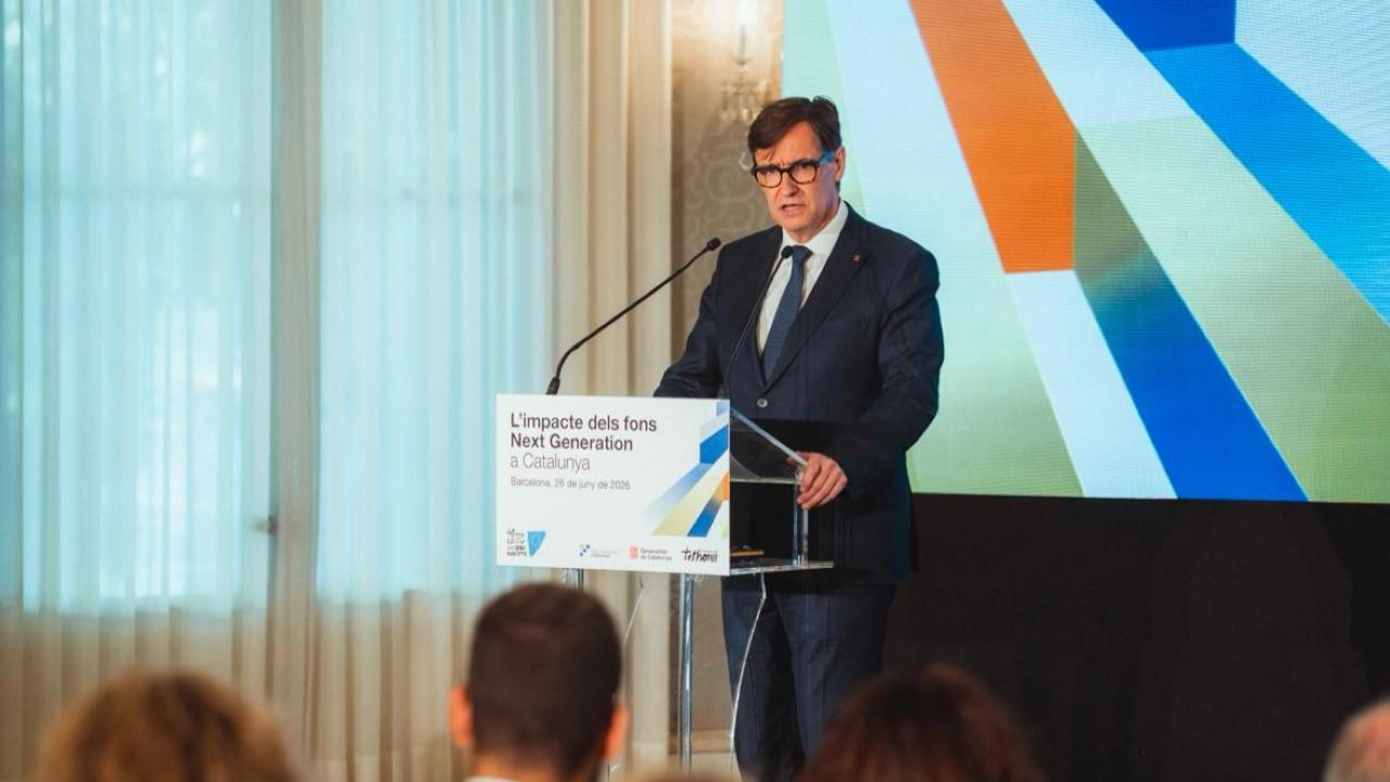 El presidente de la Generalitat, Salvador Illa, en la jornada 'El impacto de los fondos Next Generation en Cataluña' en el Palau de Pedralbes (Barcelona), a 26 de junio de 2026. Arnau Carbonell