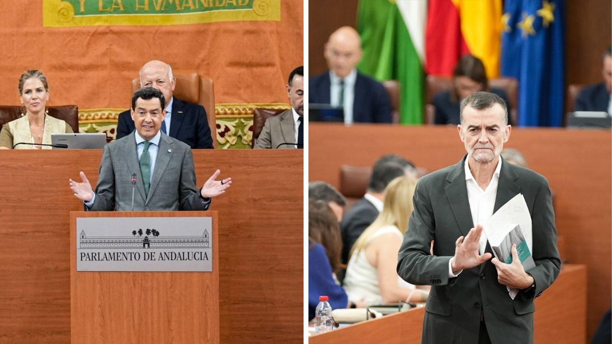 Candidato a la reelección por el PP-A, Moreno Bonilla (i.) y portavoz de Por Andalucía, Antonio Maíllo (d.) en el pleno de investidura / EP
