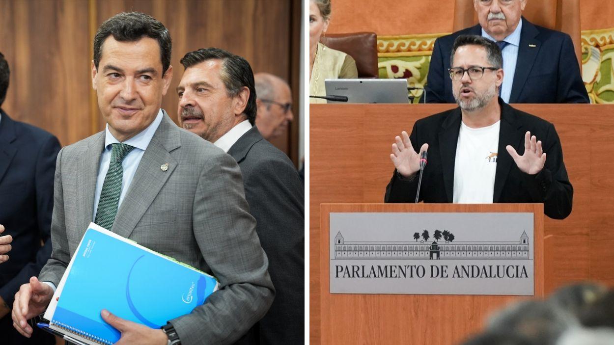 El presidente en funciones de la Junta y candidato del PP a la reelección, Juanma Moreno (2d.) y el portavoz de Adelante Andalucía, José Ignacio García / EP