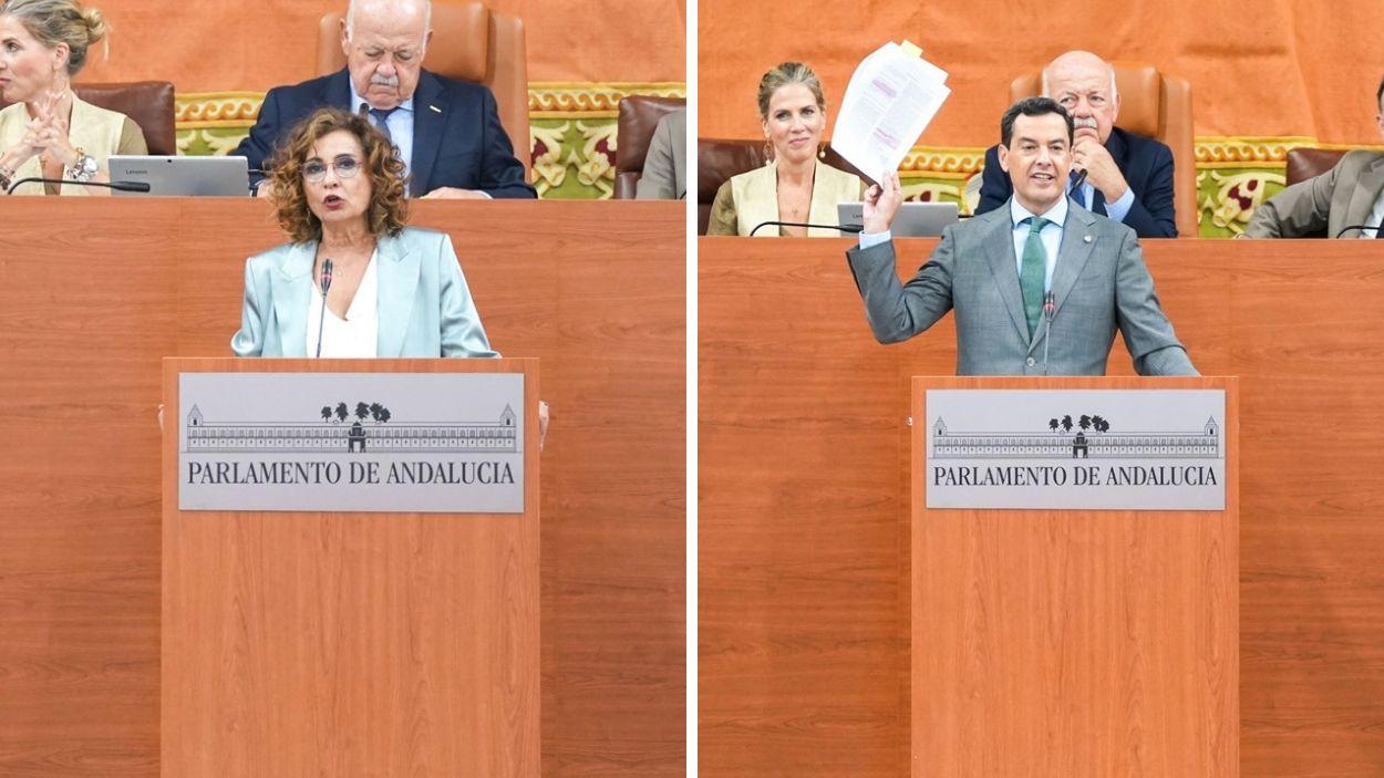Portavoz PSOE-A en el Parlamento, María Jesús Montero (i.) y presidente de la Junta de Andalucía en funciones y candidato a la reelección, Moreno Bonilla (d.) / EP