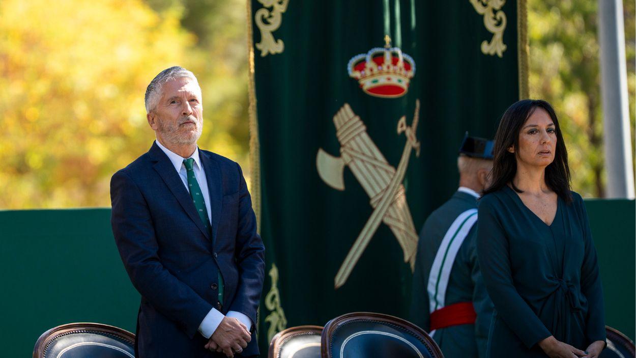 a secretaria de Estado de Seguridad, Aina Calvo, el ministro del Interior, Fernando Grande Marlaska y la directora general de la Guardia Civil, Mercedes González. EP.