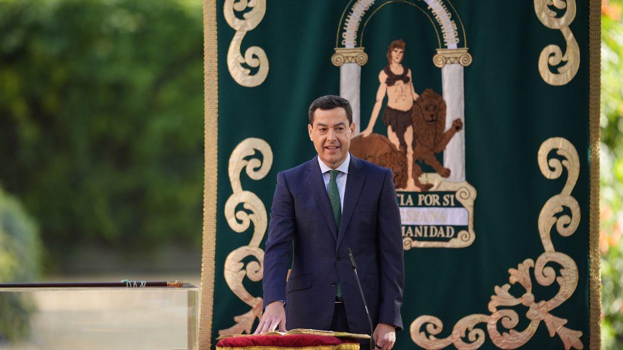 El presidente de la Junta de Andalucía, Juanma Moreno Bonilla, durante el acto de toma de posesión en San Telmo. Europa Press.