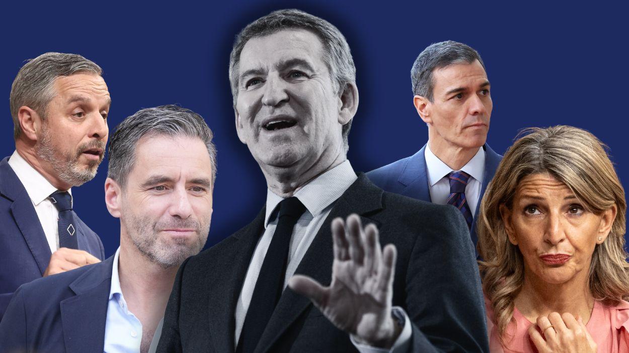 De izquierda a derecha, Juan Bravo, Borja Sémper, Alberto Núñez Feijóo, Pedro Sánchez y Yolanda Díaz.