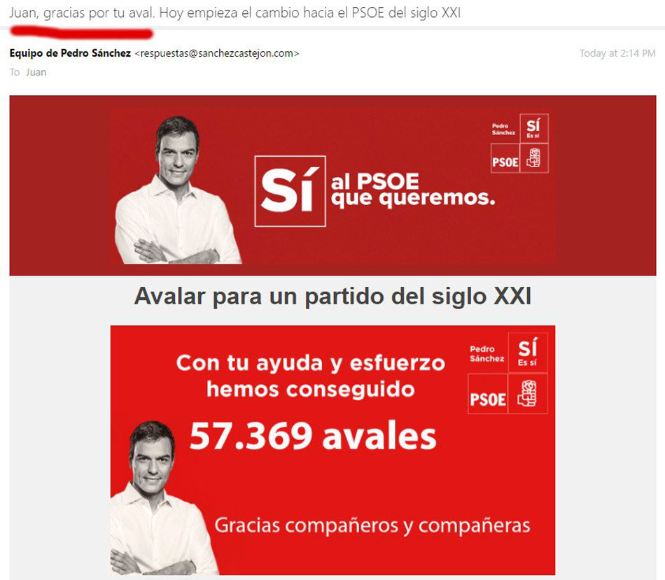 Correo enviado por la candidatura de Pedro Sánchez agradeciendo el aval