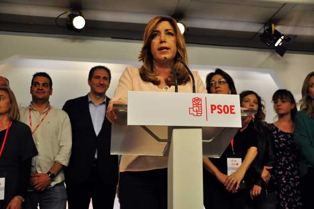 Susana Díaz durante su comparecencia en Ferraz tras perder las primarias. 
