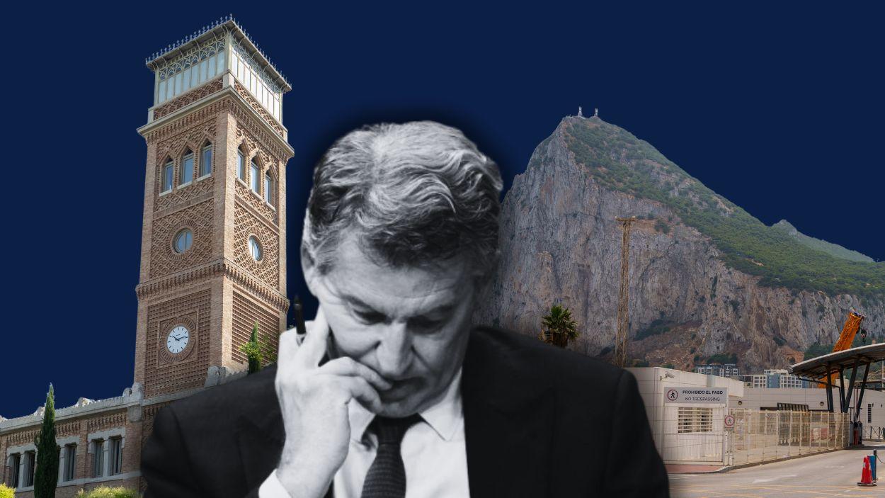 Fotomontaje de la Casa Árabe de Madrid, el peñón de Gibraltar y el líder del PP, Alberto Núñez Feijóo. Elaboración propia.