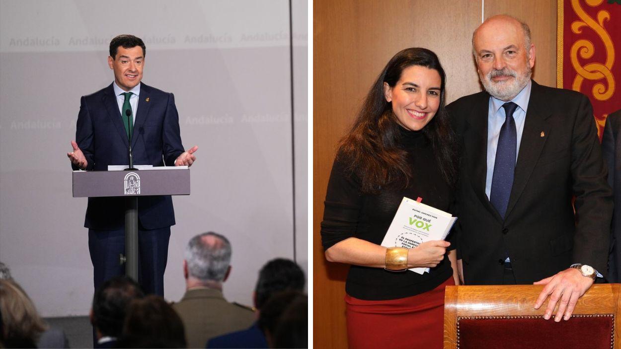 Presidente de la Junta de Andalucía, Moreno Bonilla (i.), Rocío Monaserio y el viceconsejero de Turismo, Sánchez Saus (d.)