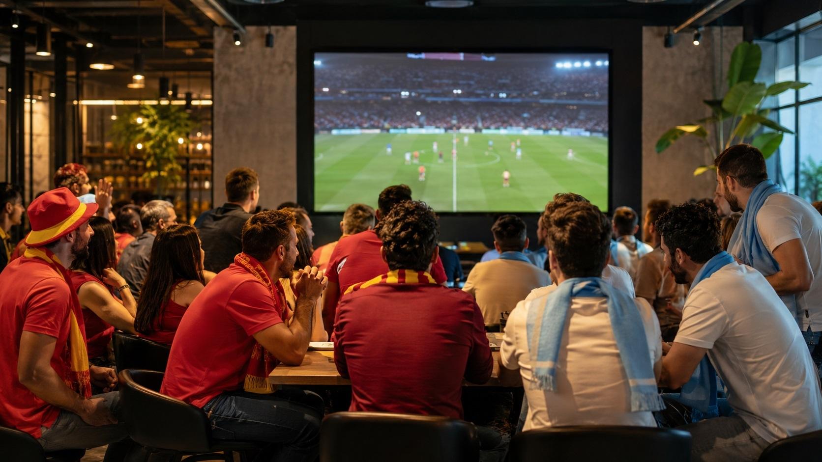 Un grupo de aficionados españoles y argentinos disfrutan de un partido de fútbol. Europa Press.