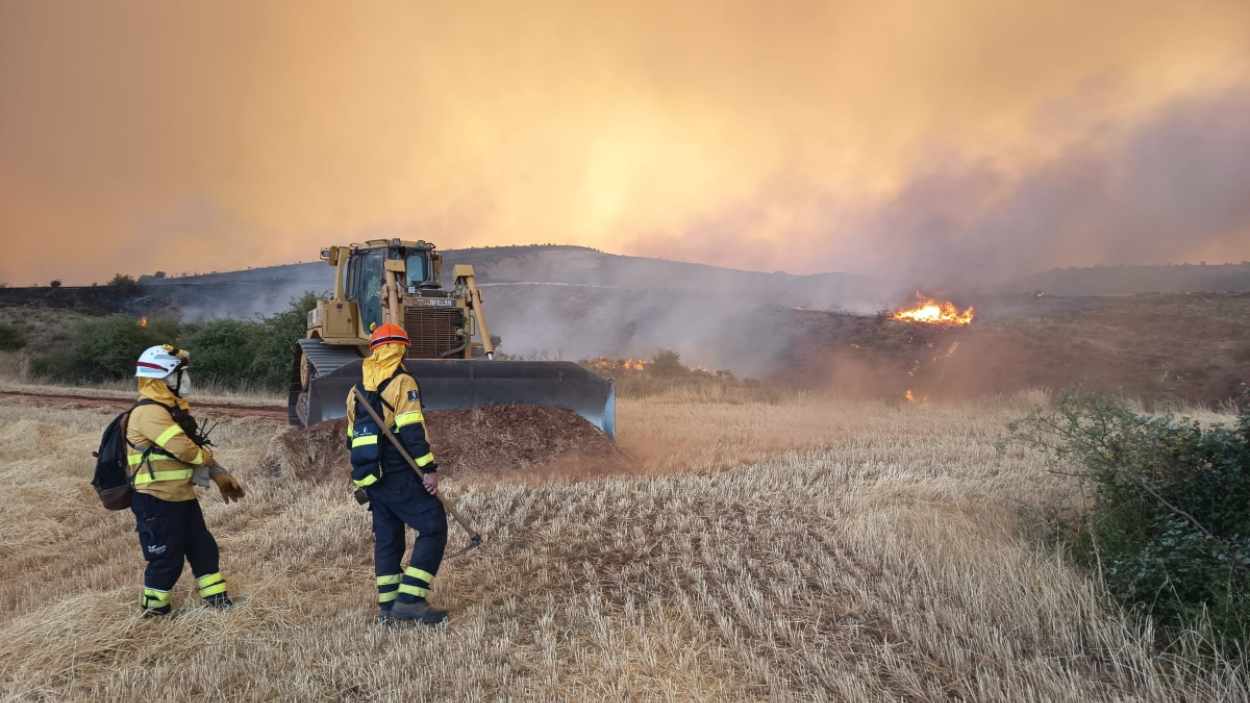 Varios efectivos del Infocam luchan contra las llamas en el incendio forestal de La Mierla. EP.