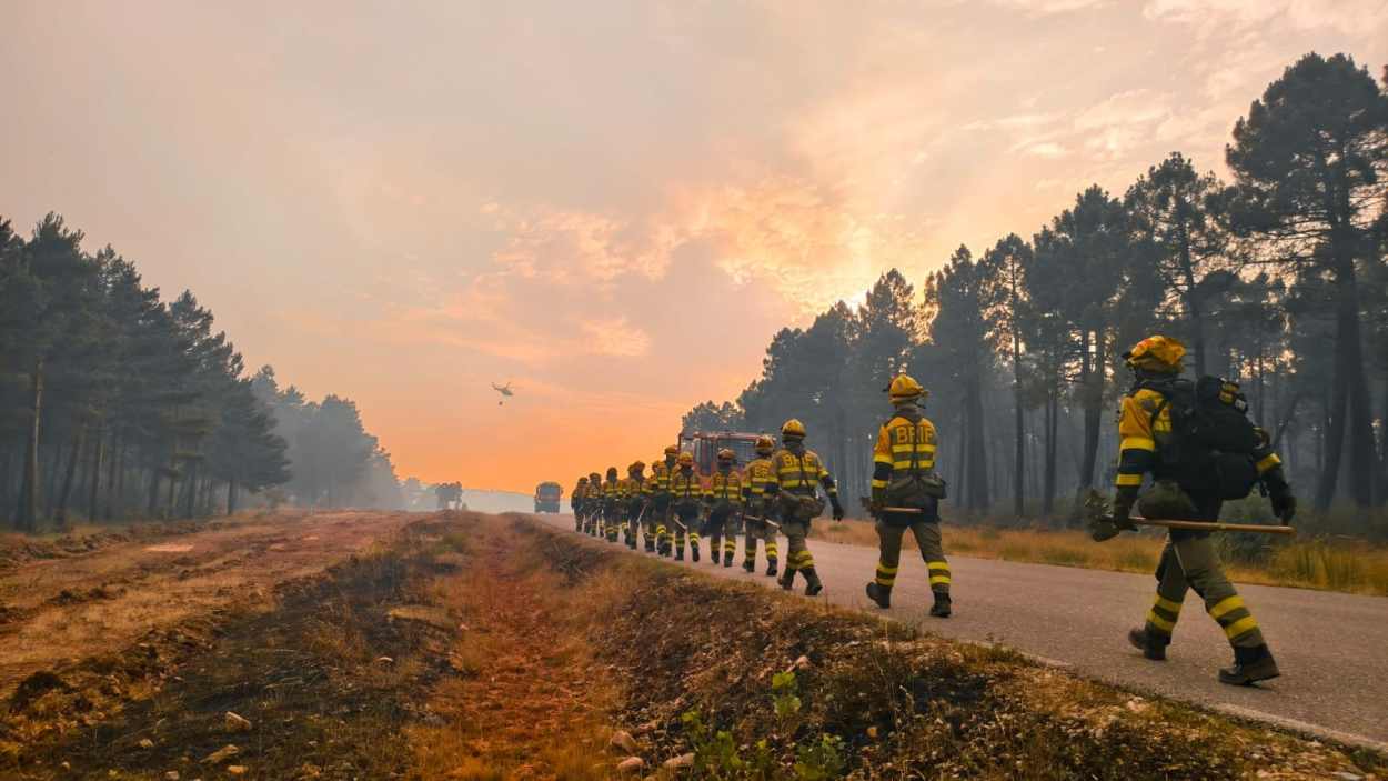 Varios bomberos forestales de las BRIF, dependientes del MITECO, trabajando en la extinción del incendio de La Mierla. EP.
