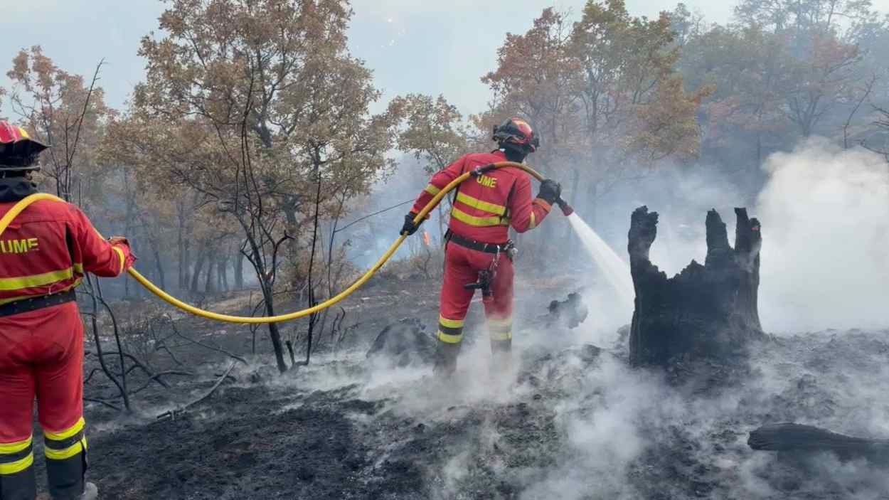 Efectivos de la UME trabajando en la extinción del incendio de La Mierla. EP