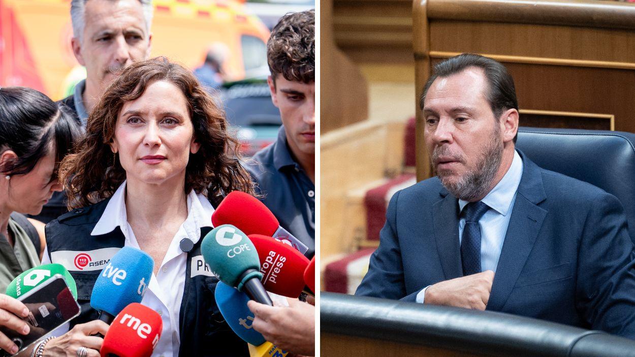 La presidenta de la Comunidad de Madrid, Isabel Díaz Ayuso, y el ministro de Transportes, Óscar Puente, en un fotomontaje. Elaboración propia.