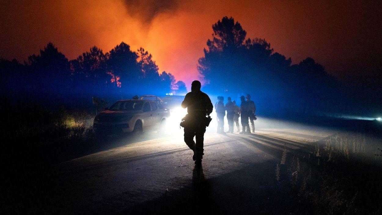 Varios efectivos terrestres actúan durante un incendio forestal. EP