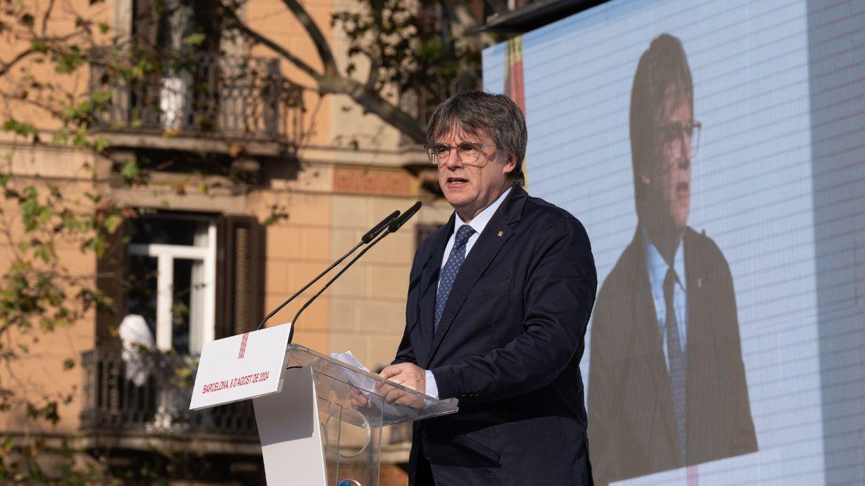 El expresident de la Generalitat de Catalunya, Carles Puigdemont, durante su discurso en Barcelona el 8 de agosto de 2024. Archivo EP