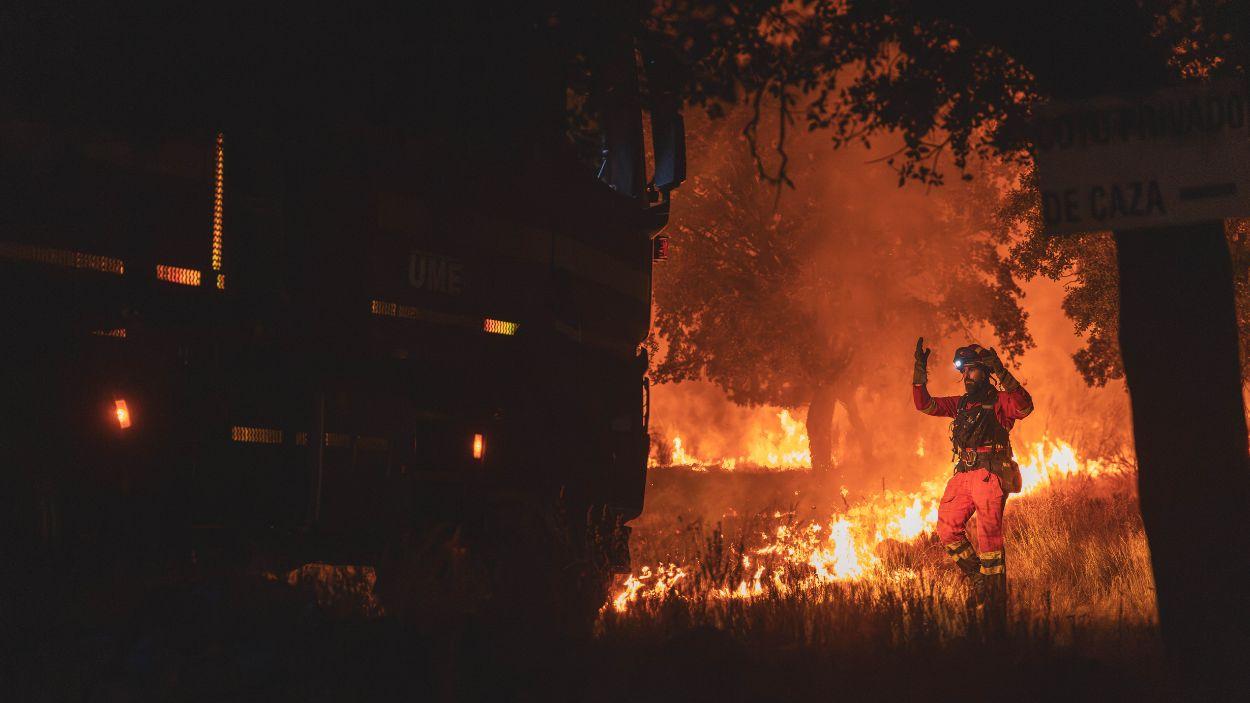 Miembros de la Unidad Militar de Emergencias (UME) intervienen en las tareas de extinción del incendio en Almorox (Toledo). UME OCP.