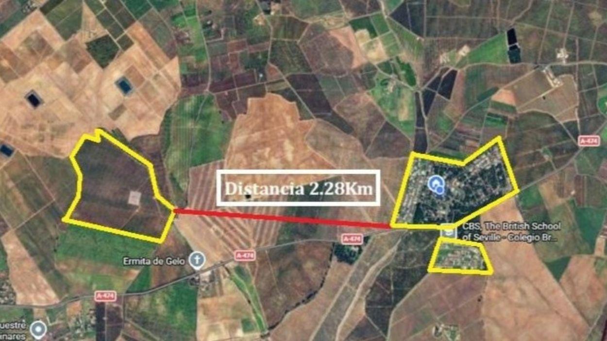Distancia entre la planta de biogás de Benacazón y la Urbanización La Juliana / EP