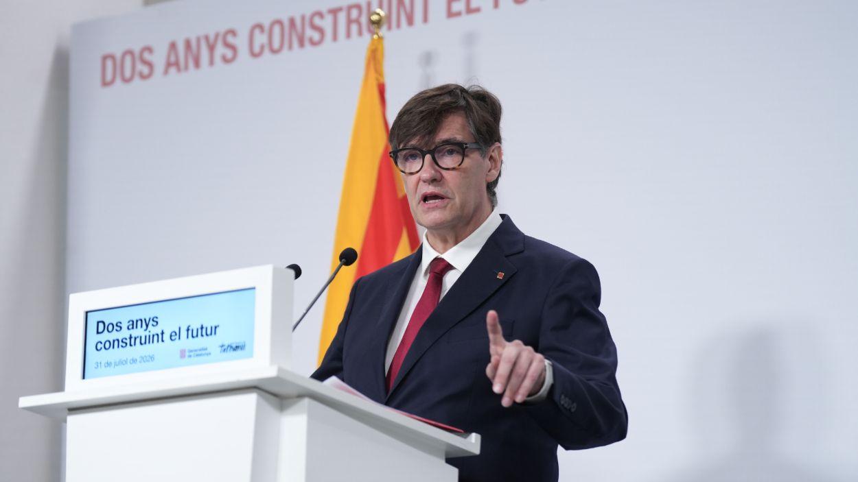 El presidente de la Generalitat de Cataluña, Salvador Illa, durante una rueda de prensa, en el Palau de la Generalitat, a 31 de julio de 2026. David Zorrakino / EP