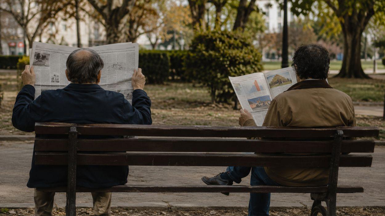 Dos hombres leen diferentes periódicos sentados en un banco.