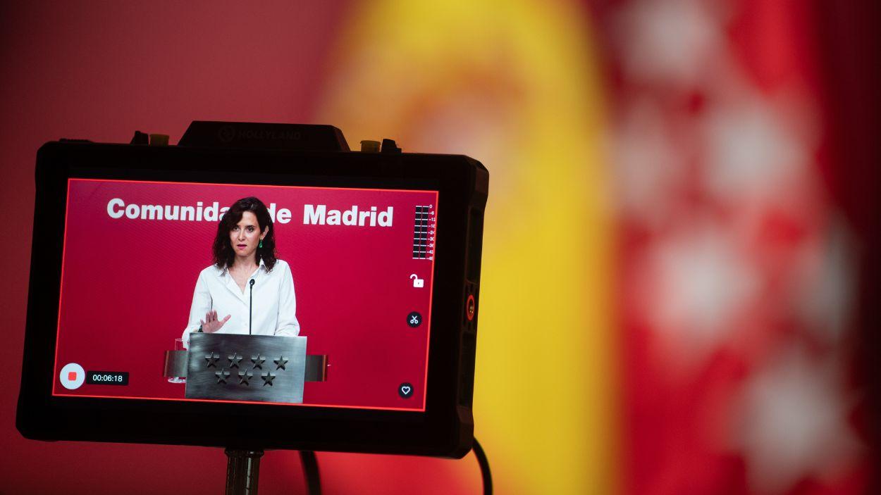 La presidenta de la Comunidad de Madrid, Isabel Díaz Ayuso, en una comparecencia desde la Real Casa de Correos en la Puerta del Sol. EP.