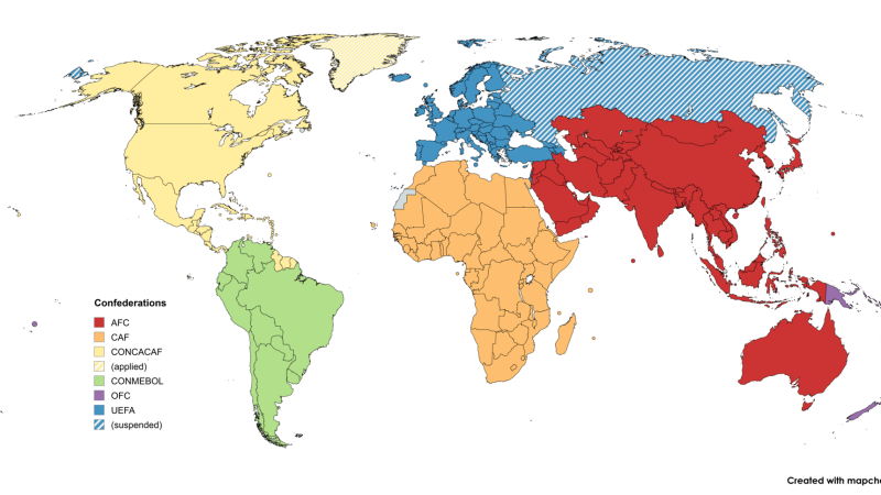 Distribución mundial de las federaciones afiliadas a las seis confederaciones de la FIFA. / Wikimedia Commons Distribución mundial de las federaciones afiliadas a las seis confederaciones de la FIFA. / Wikimedia Commons