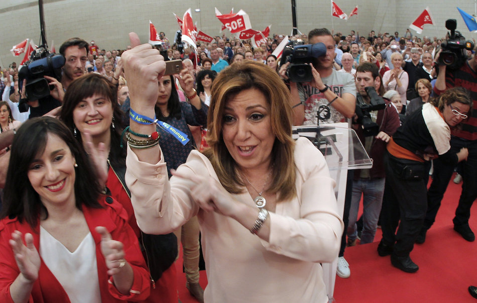 La presidenta andaluza y candidata a la Secretaría General del PSOE, Susana Díaz, durante el acto público que ha celebrado en Gijón en busca del apoyo de la militancia asturiana. 