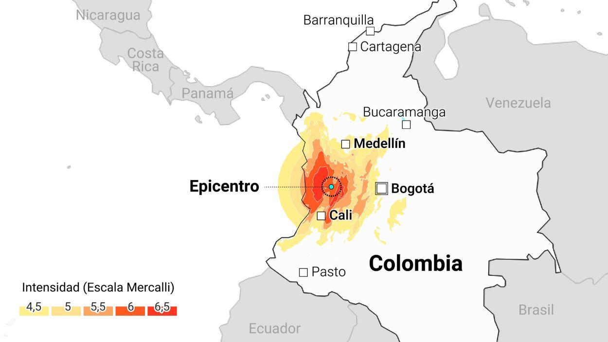 Mapa con localización del terremoto en Colombia. EP