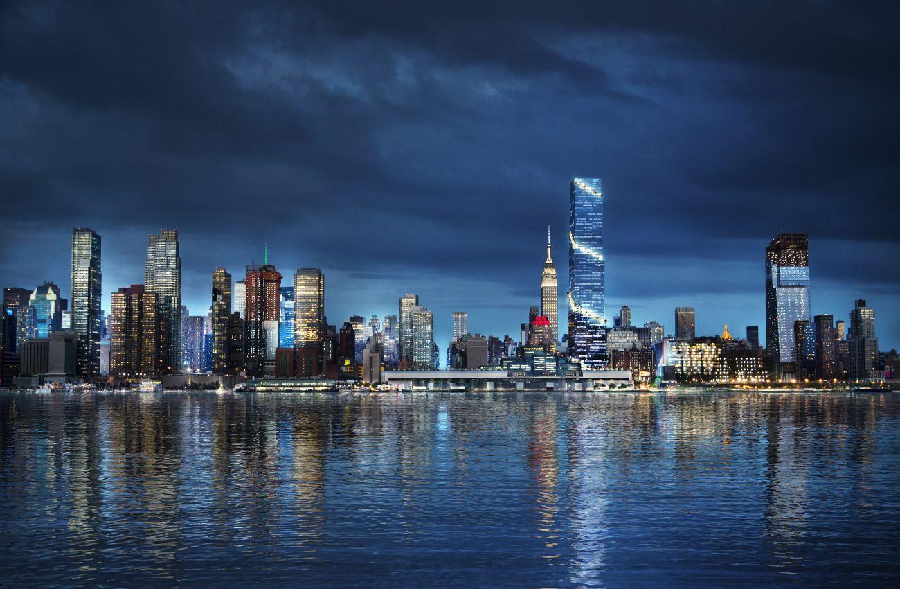 Vista nocturna del skyline de Nueva York