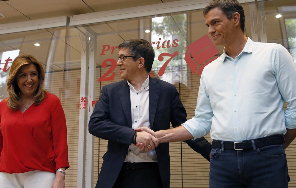 Los tres candidatos a liderar el PSOE este lunes en Ferraz. 