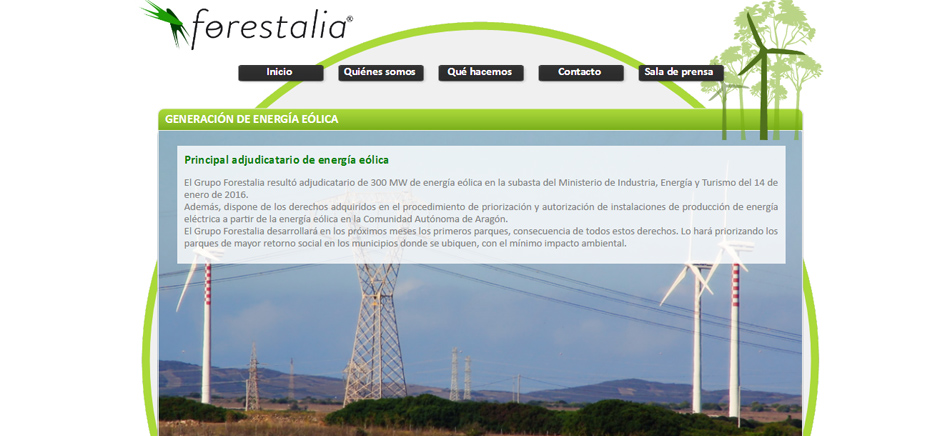 Imagen de la web de la empresa aragonesa de energía eólica Forestalia