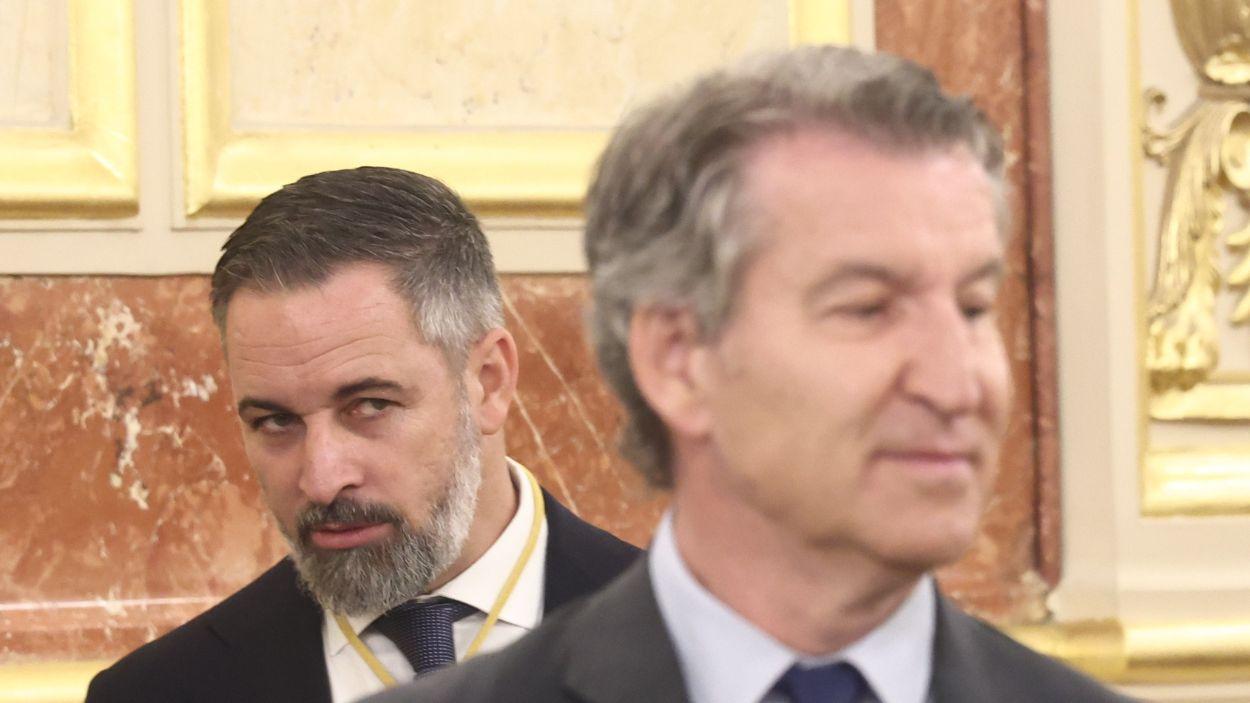 El presidente de Vox, Santiago Abascal, y el presidente del PP, Alberto Núñez Feijóo, en una imagen de archivo. EP.