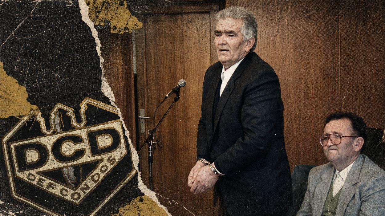 Imágenes de los hermanos Izquierdo, condenados por el crimen de Puerto Hurraco, durante el juicio y el logo de Def Con Dos. 