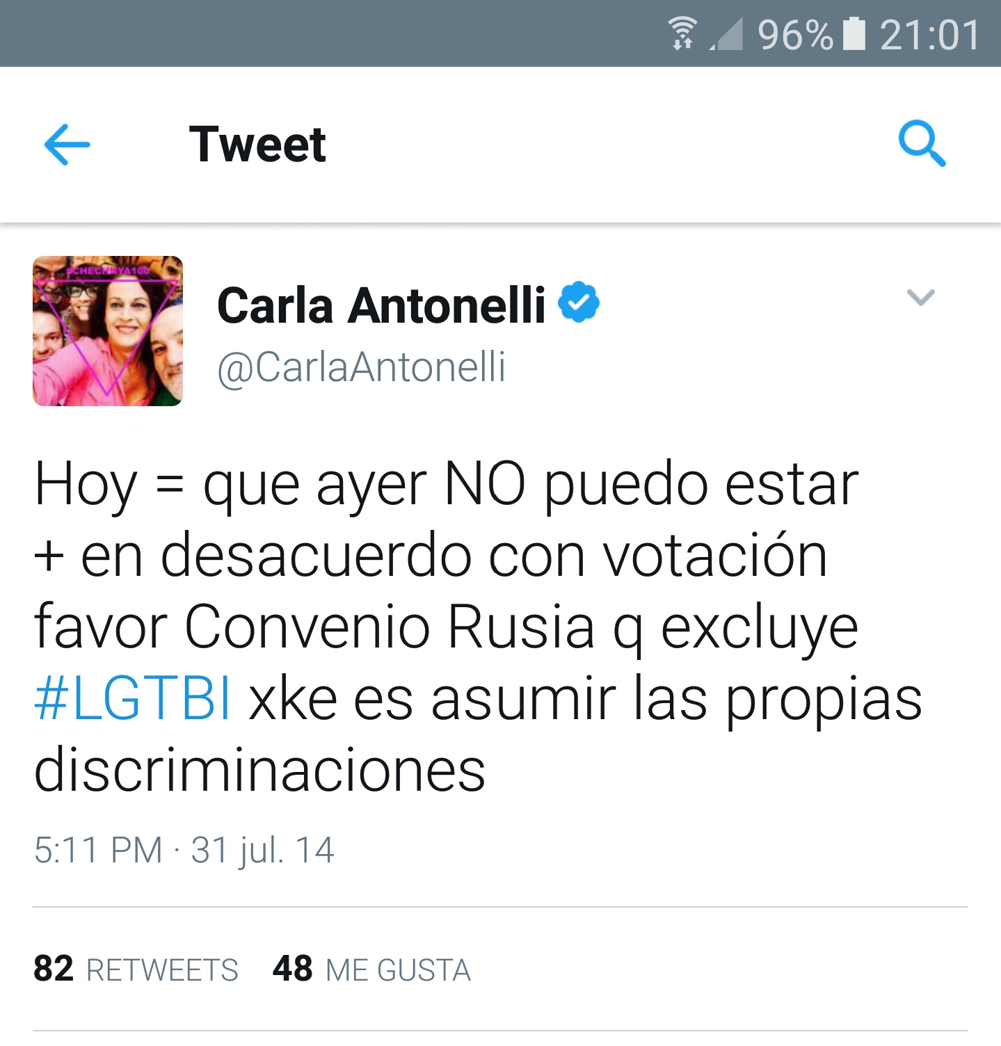Tuit de Carla Antonelli en el que expresaba su desacuerdo al votar con el PP a favor del convenio con Rusia que excluye de la adopción a homosexuales