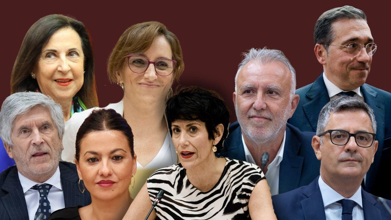 Los ministros del Gobierno de España, Margarita Robles, Fernando Grande Marlaska, Sira Rego, Mónica García, Elma Saiz, Angel Víctor Torres, Félix Bolaños y José Manuel Albares. Montaje propio.