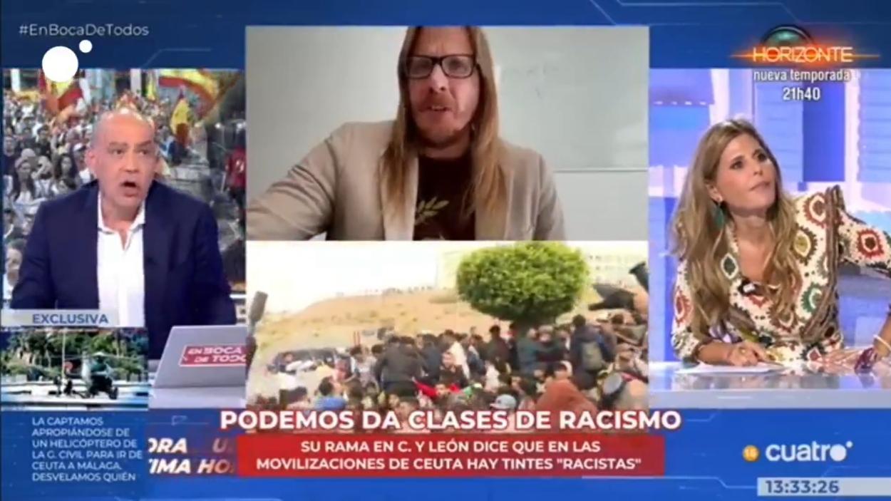 El presentador Nacho Abad, la abogada Bárbara Royo y el dirigente de Podemos Pablo Fernanández en el programa 'En boca de todos'. Cuatro.