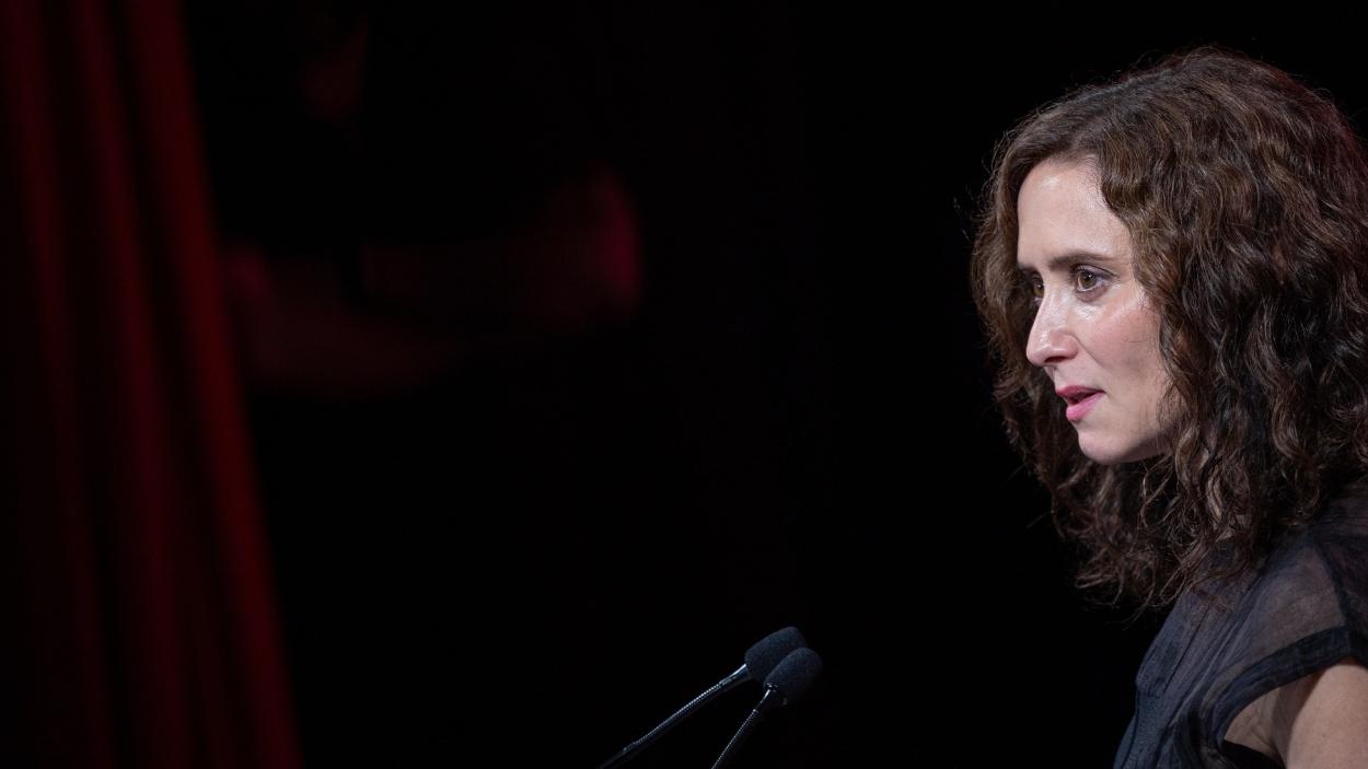 La presidenta de la Comunidad de Madrid, Isabel Díaz Ayuso, interviene durante la presentación de la nueva campaña turística internacional de Madrid, en el Teatro Magno. EP.