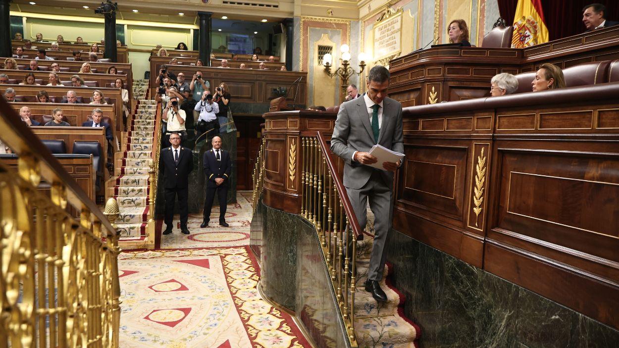 El presidente del Gobierno, Pedro Sánchez, tras finalizar su comparecencia. EP.