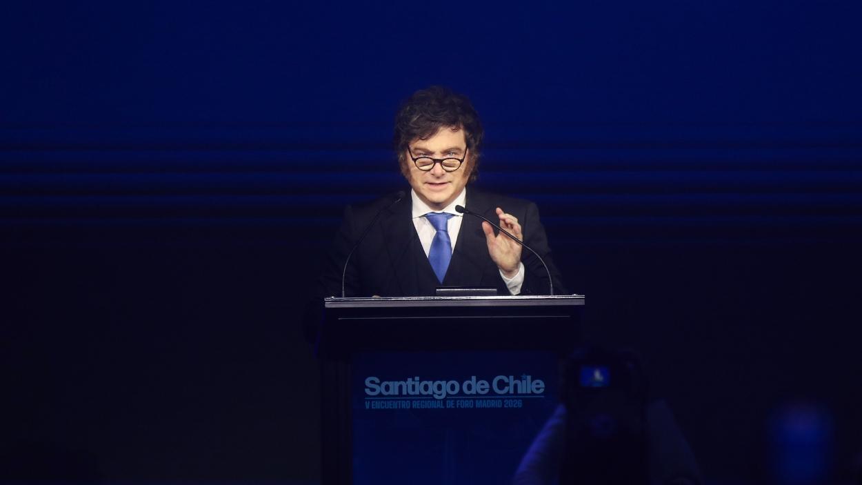 El presidente de Argentina, Javier Milei, en el Foro de Madrid organizado en Santiago de Chile. EP.