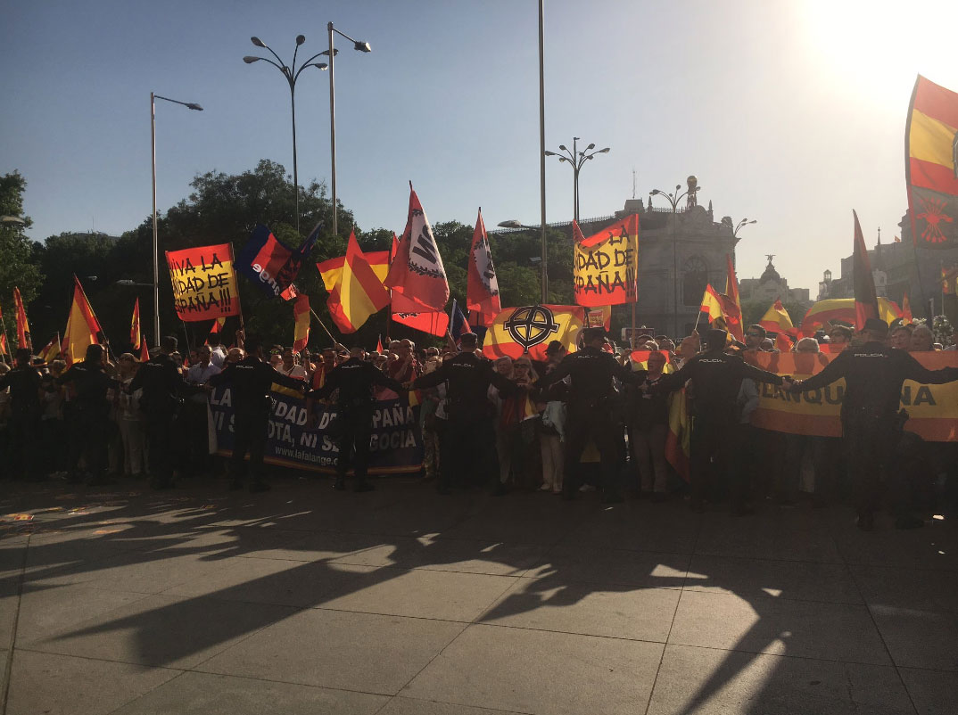 Manifestantes falangistas a las puertas del Palacio de Cibeles