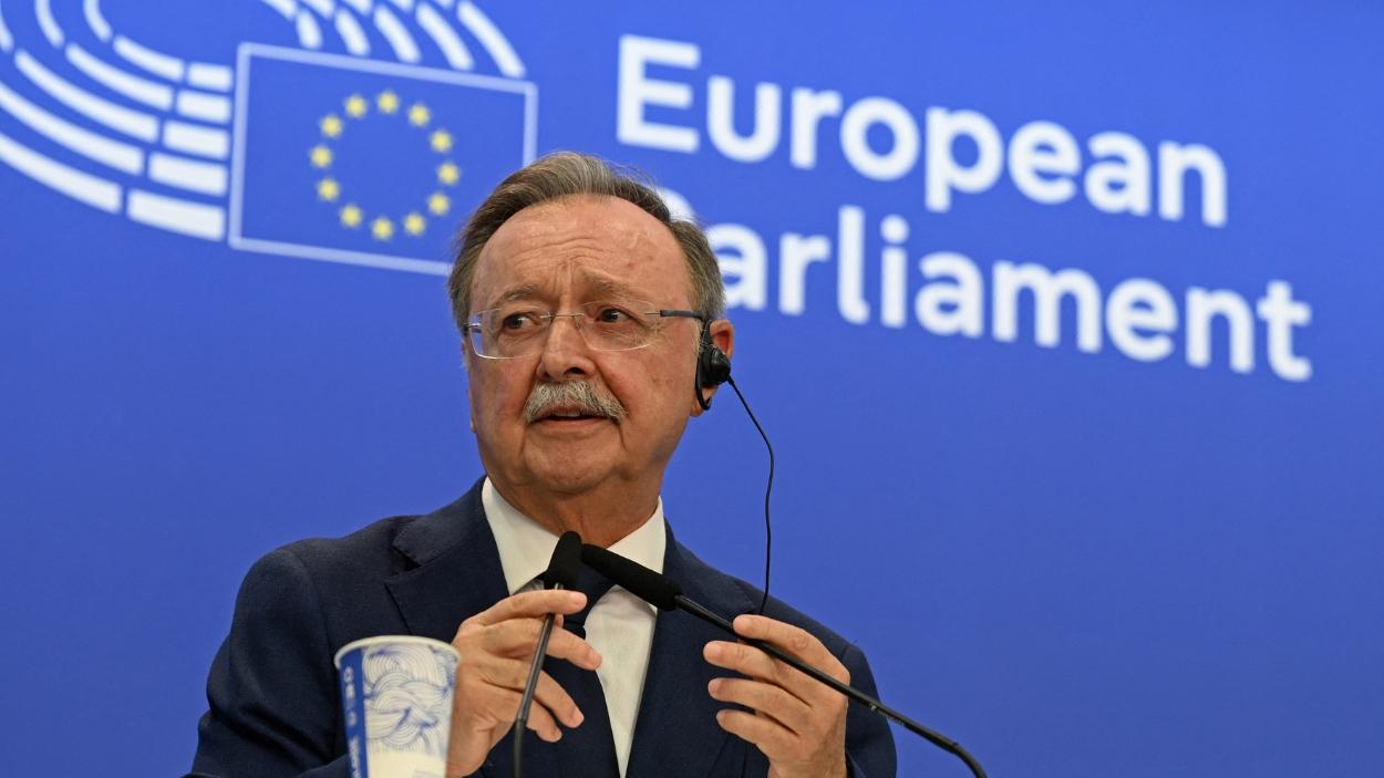 El presidente de Ceuta, Juan Jesús Vivas, en una intervención de prensa ante el Parlamento Europeo, desde Bruselas. EP.