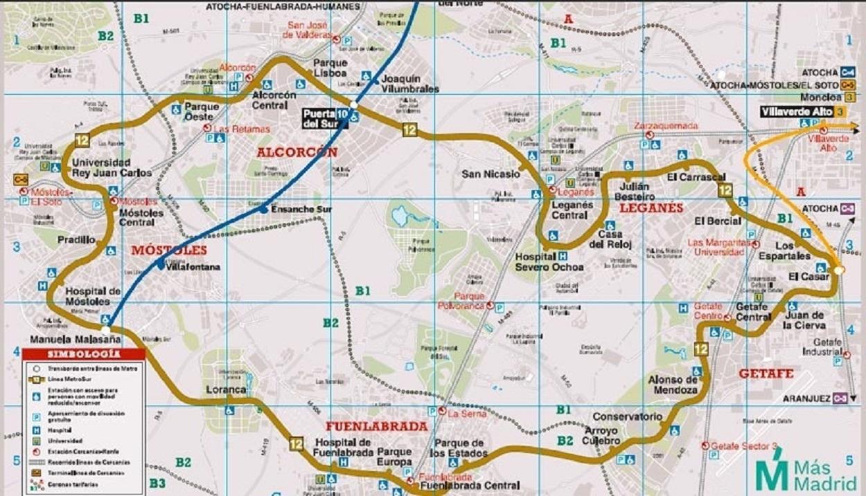Plano de la Línea 12 del Metro de Madrid, que conecta los municipios del sur entre sí. EP