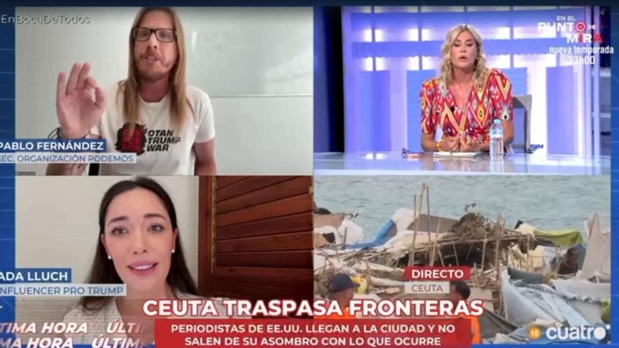 El dirigente de Podemos, Pablo Fernández; la periodista Patricia Cerezo y la influencer Ada Lluch, en un directo del programa 'En boca de todos'. Cuatro.